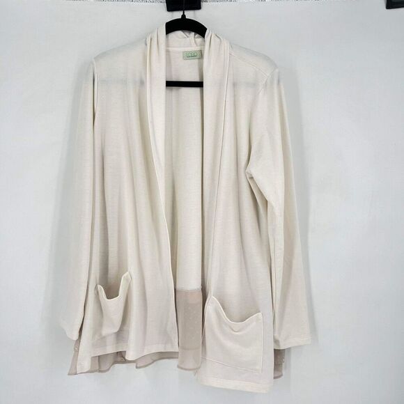 Logo Lounge Cardigan Jersey Knit Cream Chiffon Layer Medium Pockets Tan & white - Picture 14 of 15